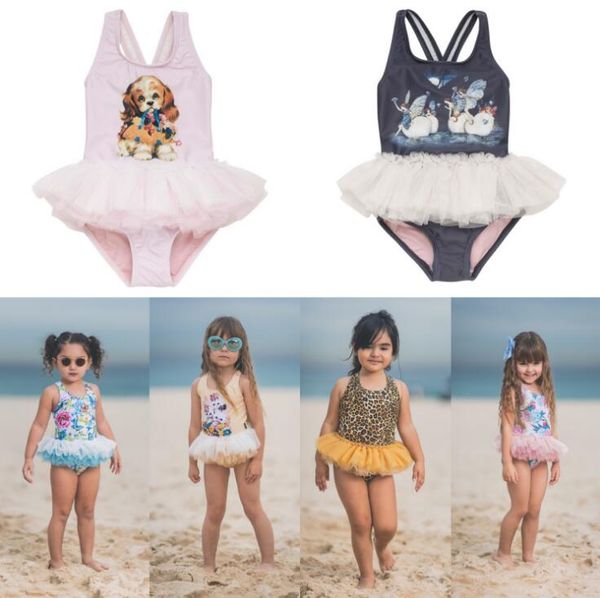 

baby girl tutu one piece swimsuit ballerina bathing suit dog cat butterfly flower bird fairy leopard 6colors 2019 new swimwear with cap