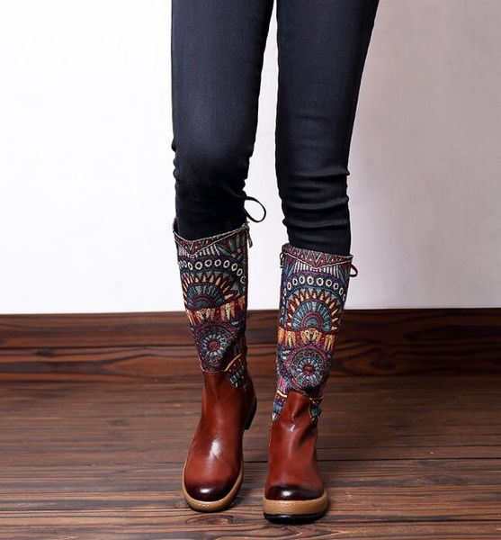 Hot Sale-2019 Winter Herbst Frau echte Ledernähte Hit-Farbkätzchen-Ferse Frauenstiefel Martin Knie Cowskin Boots Frauenschuhe Eur36-42