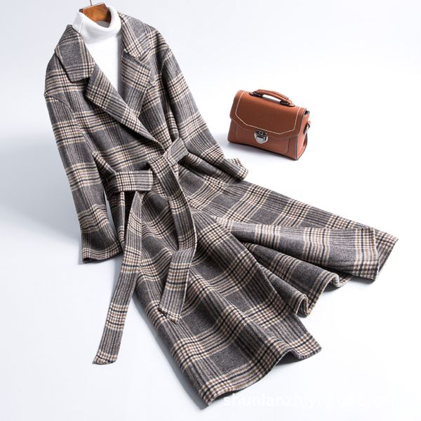 

good quality long women coat autumn winter 2019 new fashion plaid double-sided cashmere coats ladies female real wool coat women, Black