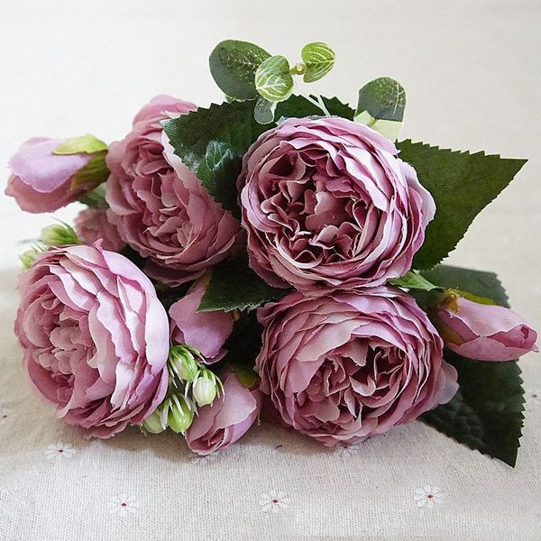 

artificial silk peony flowers bouquet fake leaf wedding party home decoration purple