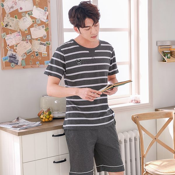 

2019 summer casual striped 100% cotton pajama sets for men short sleeve sleepwear male homewear pyjama lounge night suit clothes, Black;brown