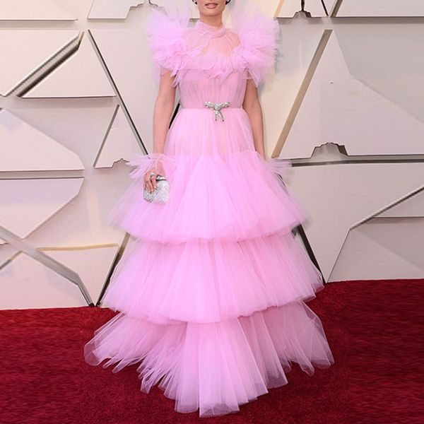 

pink tiered tulle evening dresses robe de soiree prom gowns celebrity princess ruffle custom made high neck formal dress, Black