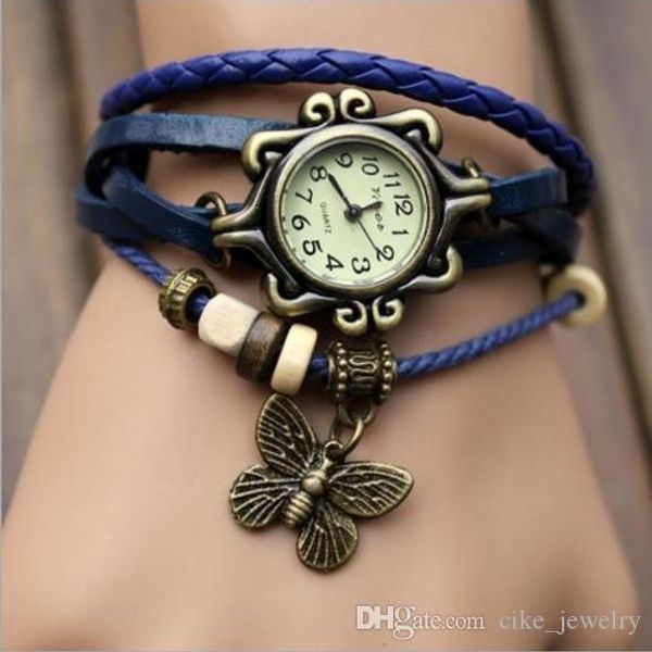 

bracelet quartz watch bronze plated alloy case arabic digital watch flower side leather strap ring braided belt with butterfly charm, Slivery;brown