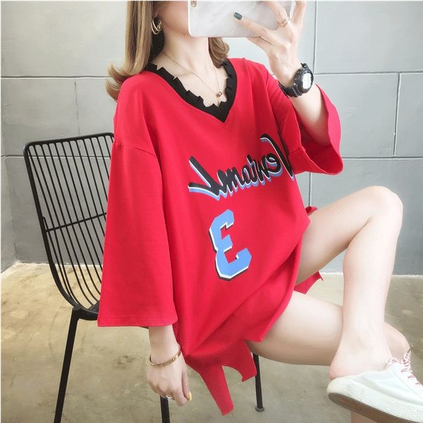 

added fertilizer and enlarged size women's 2020 summer clothes loose v-neck letter t-shirt lazy wind pure cotton clothes t-shirt clo, White