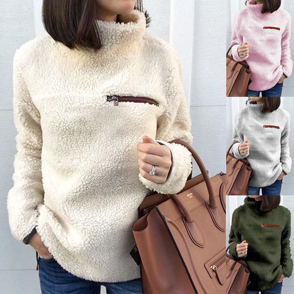 

autumn winter plush coat loose jacket fleece zipper hoodie sweater women ladies soft knitted casual sweaters outerwear pink, Black;brown