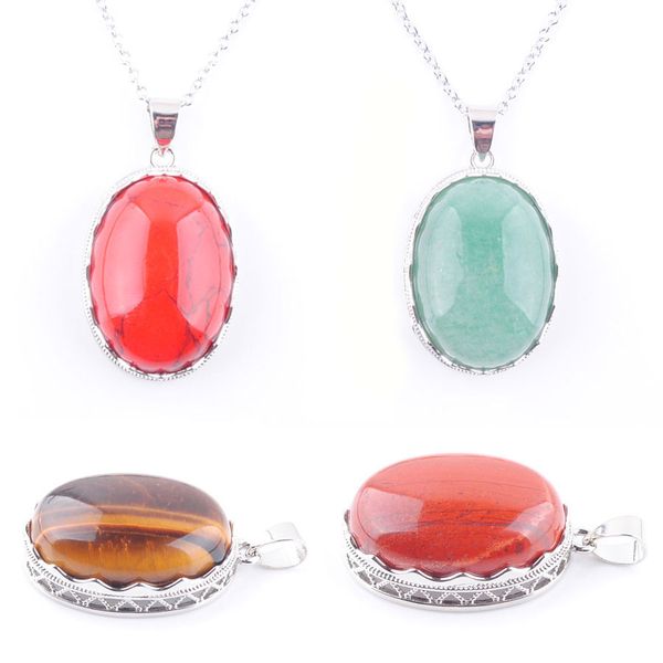 

wojiaer personality natural gem stone oval pendant necklace silver color oval bead clavicle chain necklaces for women dbn329