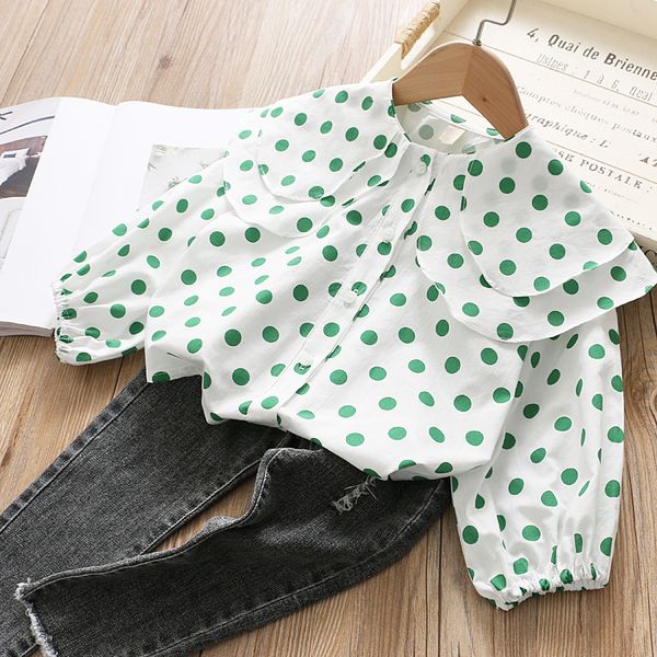 

girls korean-style ruffled collar long-sleeved shirt 2020 spring new products baby dotted princess shirt kid's jacket fashion, White