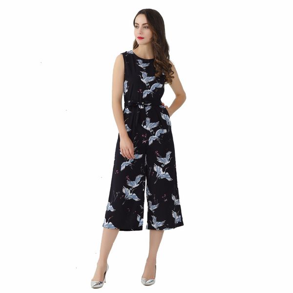 

jumpsuit ladies jumpsuits for women cute crane print jumpsuit sashes pockets pleated rompers ladies vintage casual jumpsuits kz1016, Black;white