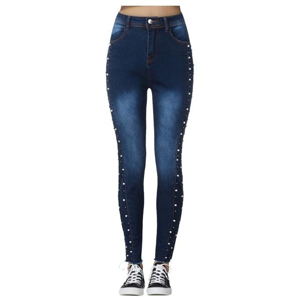

2020 rivet jeans pants for women high waist denim pant long cowboy capris female casual office zip trousers slim pantalones, Blue