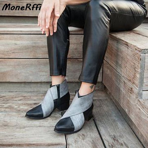 

monerffi women boots pu leather ankle boots wedges platform spring female high heel increasing shoes ladies elastic footwear, Black