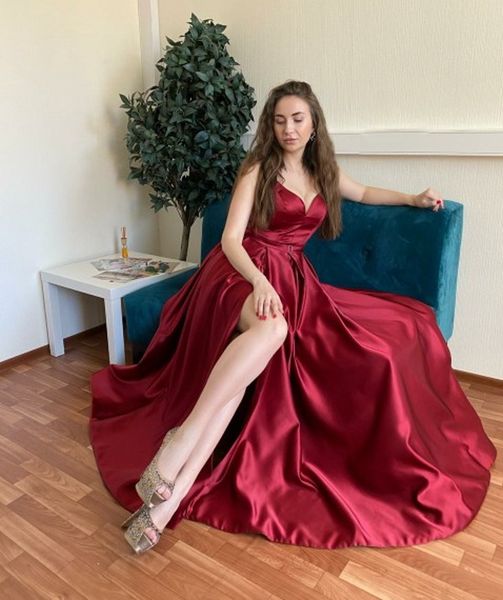 

plus size evening dress 2020 high slit prom party gown satin red blue spaghetti straps sweetheart vestidos de fiesta de noche abiye, Black;red