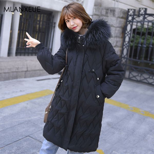 

warm fur hooded long down coats women winter korean female down jacket solid pocket zipper vogue parka coats plus size outerwear, Black