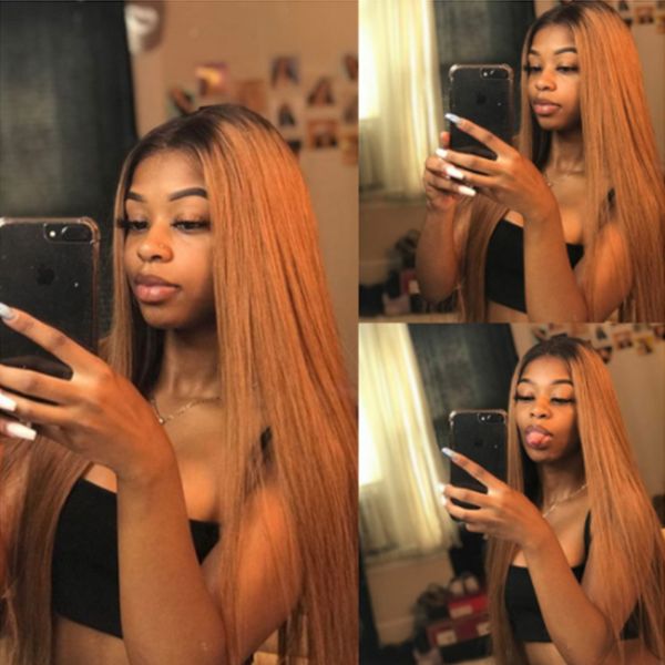 

1B/27 Ombre Color Lace Front Human Hair Wigs Baby Hair Two Tone Silky Straight Remy Brazilian Blonde Full Lace Wig Free Part Bleached Knots