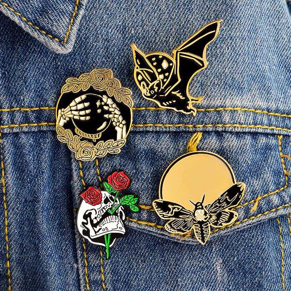 

4pcs/set hand with crystal glasses with roses bat bee punk pins badges hard enamel lapel pins brooches gothic jewelry, Gray