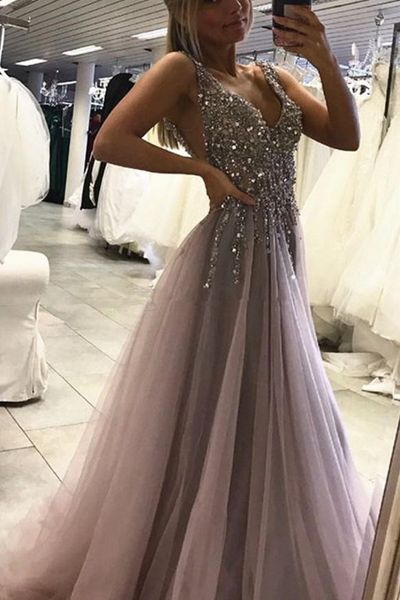 

new sparkly split prom dresses v neck crystal beads backless high slit grey evening dresses party girls pageant gowns custom made m39, Black