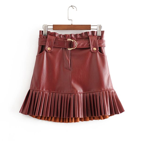 

rr solid tie belt waist skirts women fashion casual pu leather skirt women elegant pleated mini skirts female ladies li, Black