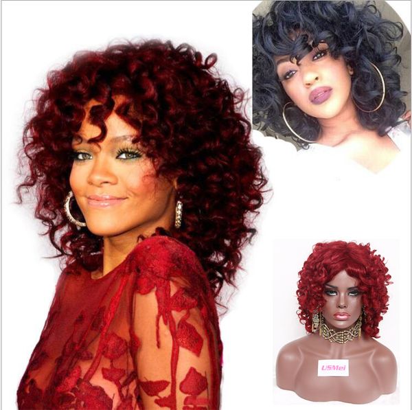 Rihanna Same Hairstyle Afro Kinky Curly Wig Black And Claret Color