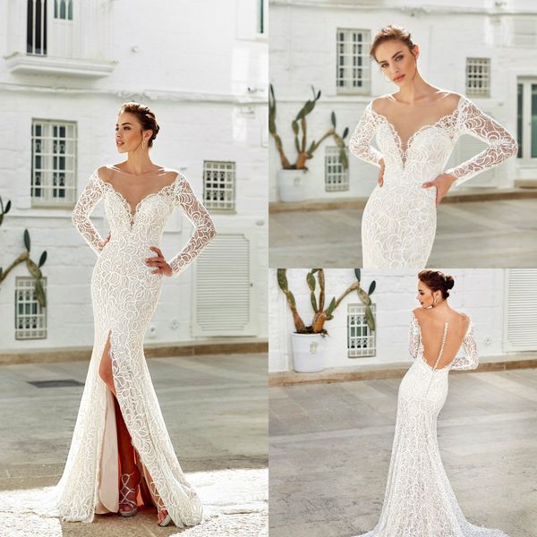 

2019 eddy k mermaid wedding dresses scoop neck sweep train garden beach modest wedding gowns front split lace appliqued bridal dress, White