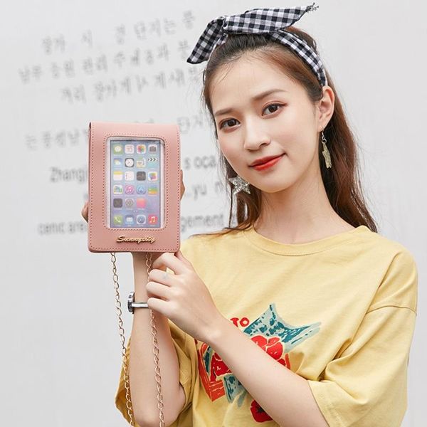 

mini bag with clear touching screen leather shoulder bag for mobile phone women's transparent hasp leather light handbags#p30