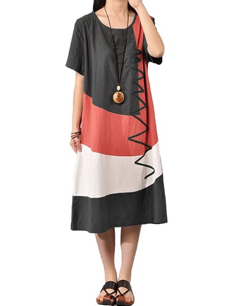 

женское хлопковое винтажное платье с контрастным вырезом с коротким рукавом g9013dgy-s, Black;gray