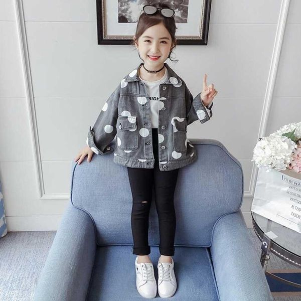 

kids jacket girl dot print denim jacket for girls single-breasted girls spring autumn casual clothes for 6 8 10 12, Blue;gray