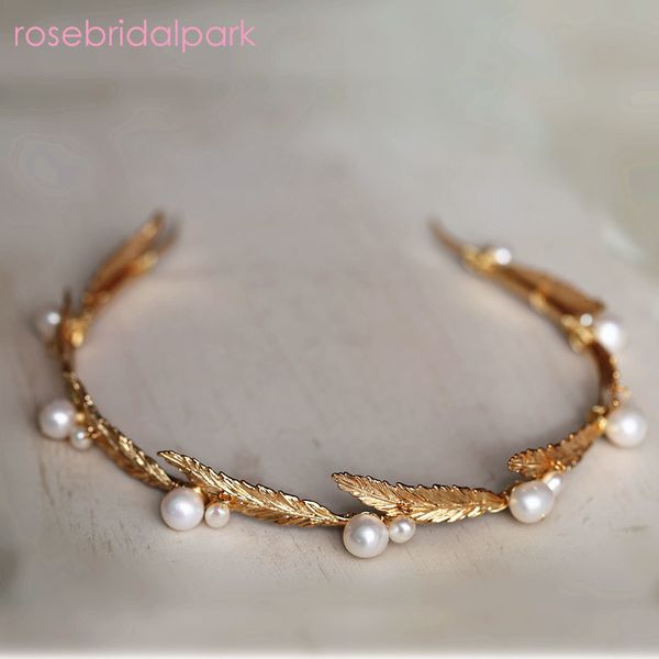 

rosebridalpark leaf vintage gold bridal wedding tiaras and crowns for women bride pageant prom freshwater pearl head jewelry u20, Golden;white