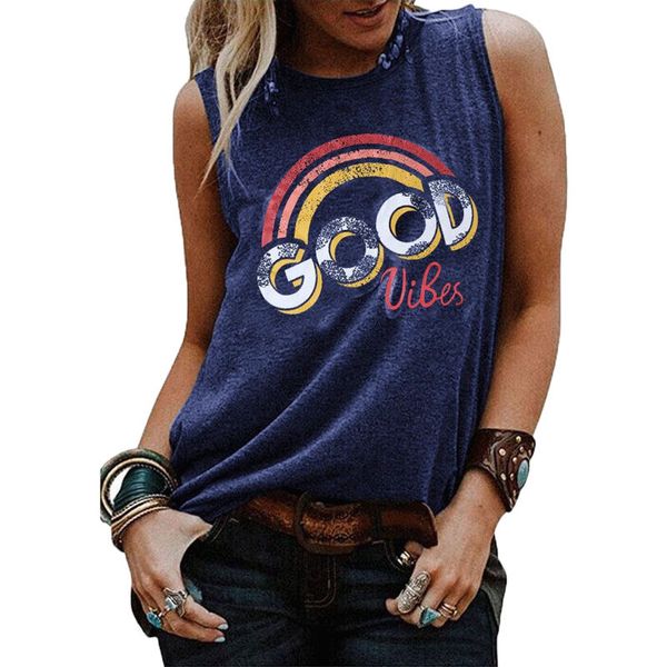 

designer women t shirt luxury round neck luxury summer 2019 new selling explosions good vibes letter printed vest sleeveless t-shirt, White