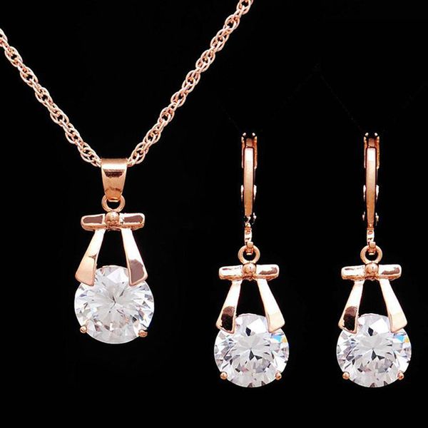 

crystal bow pendant necklace earrings wedding jewelry set for party, Silver
