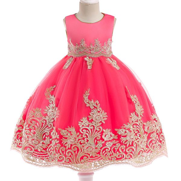 

summer's latest elegant children's dress kids girl party princess gowns flower girl wedding gold line applique dress, Red;yellow