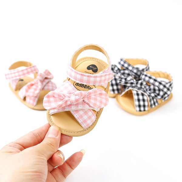 

2020 fashions baby girls bow plaid breathable anti-slip summer shoes sandals toddler soft soled shoes 0-18m, Black;red