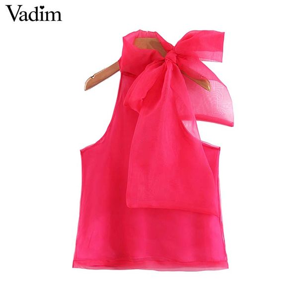 

vadim women bow tie decorate organza sleeveless female casual blouse summer stylish chic solid shirts blusas mujer wa359, White