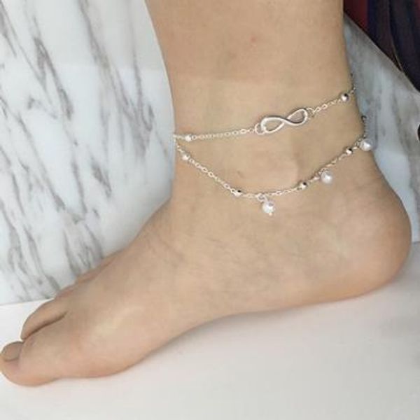 

japan and south korea small fresh jewelry ladies alloy anklets 8-word double pearl anklet selling beautiful leg jewelry, Red;blue