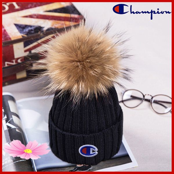 

2019 champion knitted real fur hat thicken beanie with 15cm real raccoon fur pompom warm cap napback pompon beanie hat