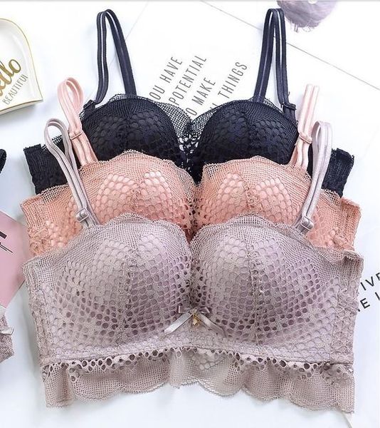 

new ladies bra without rims, lace thick cups, small breasts gathered together, half cup beautiful back underwear bra, Red;black