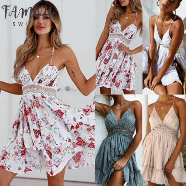 

2020 women floral short dress hawiian backless evening party summer beach casual short sundress, Black;gray