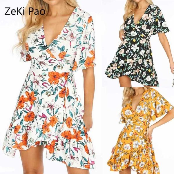 

popular bohemian v neckline mini dress flower print short sleeve irregular beach dress women deep v neck floral attractive, Black;gray