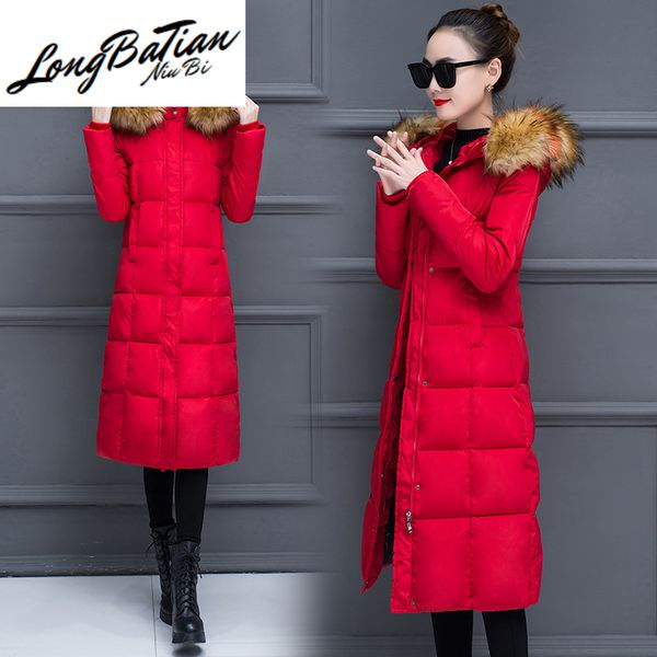 

winter parkas 2020 thicken long coat women warm down big fur collar hooded jacket plus size elegant female overcoat, Black
