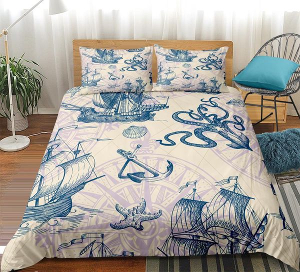 

ocs compass duvet cover set  sailboat boy bedding set king starfish quilt cover 100% microfiber vintage bedspreads