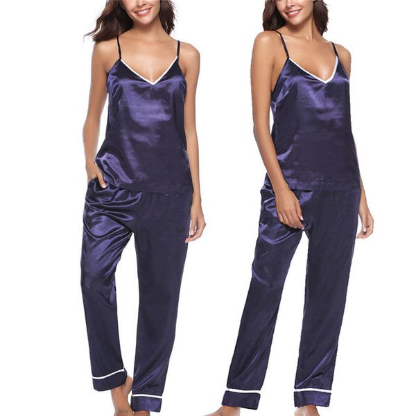 

silk pajama sets for womens v-neck vest solid soft long pants pajama sets sleepwear nightwear homewear, Blue;gray