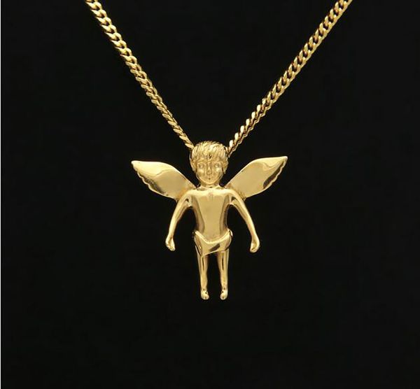 Collana con pendente in acciaio inossidabile angelo bambino in oro 18 carati Hip Hop con collana a catena a maglia cubana da 3 mm e 24 pollici per uomo donna