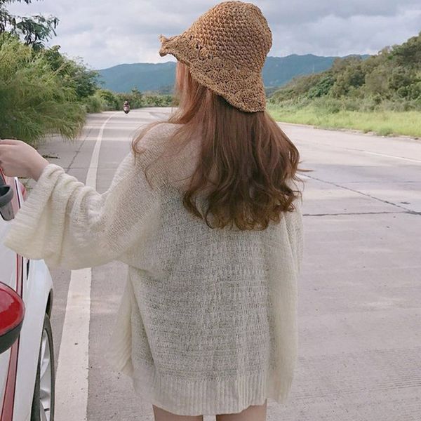 

1pc summer cardigan coat knitted long sleeves loose vintage thin female outer th36, Black;brown