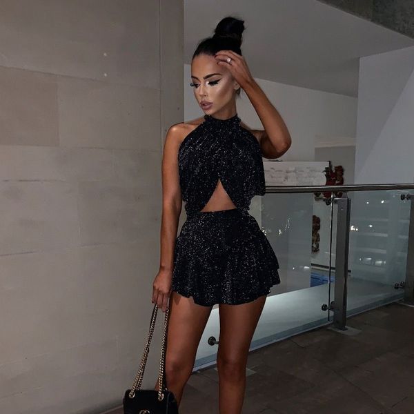 

80427 glitter silver silk cross neck skirt skirt two-piece suit, White;black