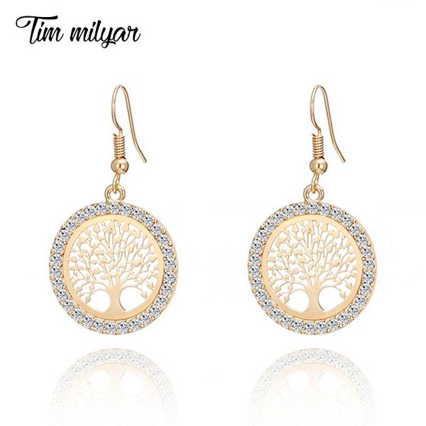 

tree of life drop earrings women round pendant rhinestones cz crystal dangle earrings gold silver color wedding jewelry gift