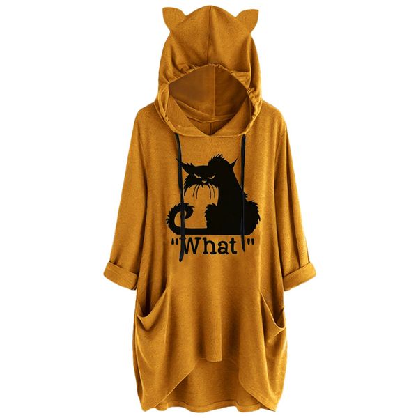 

oversized kawaii cat ear hoodies women fall 2019 streetwear casual cat printed pocket long hoodie hooded sudadera mujer, Black
