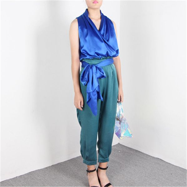 

fashion casual two piece set for women v neck sleeveless high waist lace up pants female new suits spring harem pants, Gray