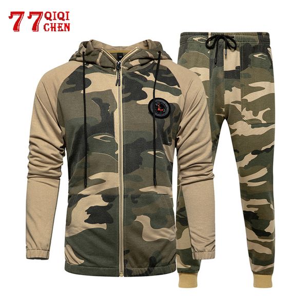 

sporting suits men spring autumn camouflage 2 piece sets mens sportswear jogger pants + zipper hoodies male tracksuit sets, Gray