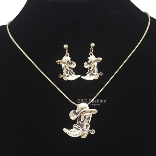 

jewelry lady western texas cowgirl hat stetson boot pendant spur rodeo snake link drop dangle earrings set chain necklace, Silver