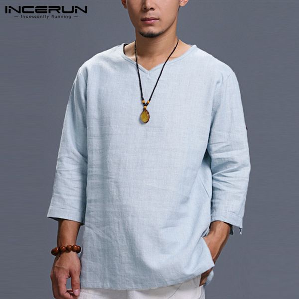 

incerun vintage men shirts loose long sleeve cotton solid color loose camisa masculina chinese style male shirts s-5xl 2020, White;black