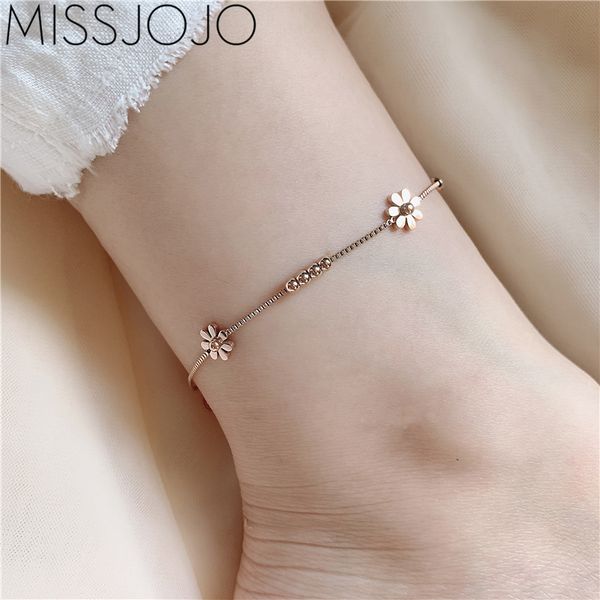 

japanese and korean-style simple temperament girls fashion little daisy flower titanium steel beads plated 18k rose gold anklet womens, Red;blue