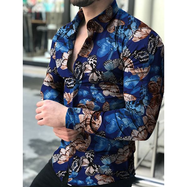 

men holiday casual slim shirt long sleeve lapel skinny shirt buttons butterfly print, White;black